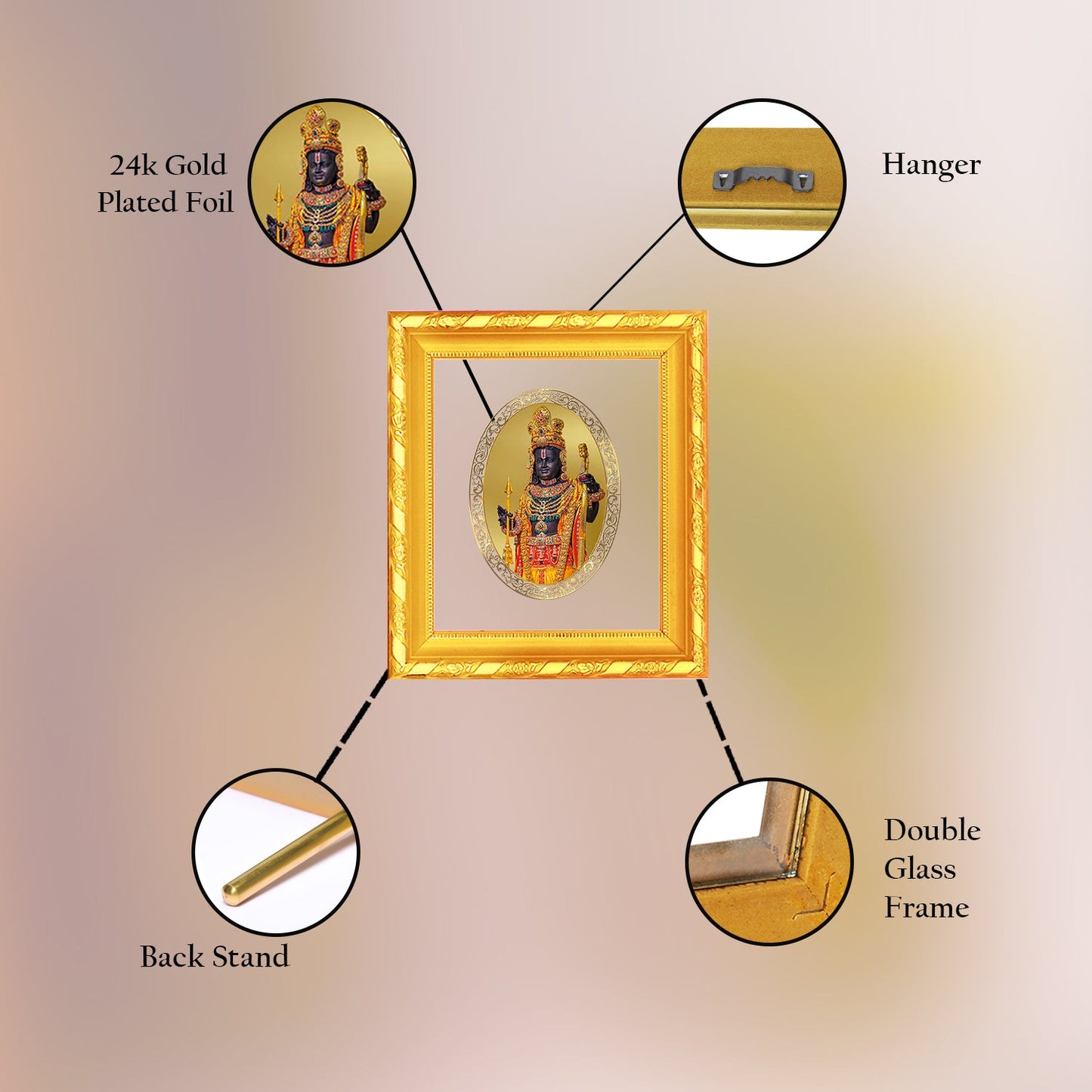 Diviniti 24K Gold Plated Ram Lalla Photo Frame For Home Decor, Wall Hanging, Table Top, Puja Room & Gift (13 X 15 CM)