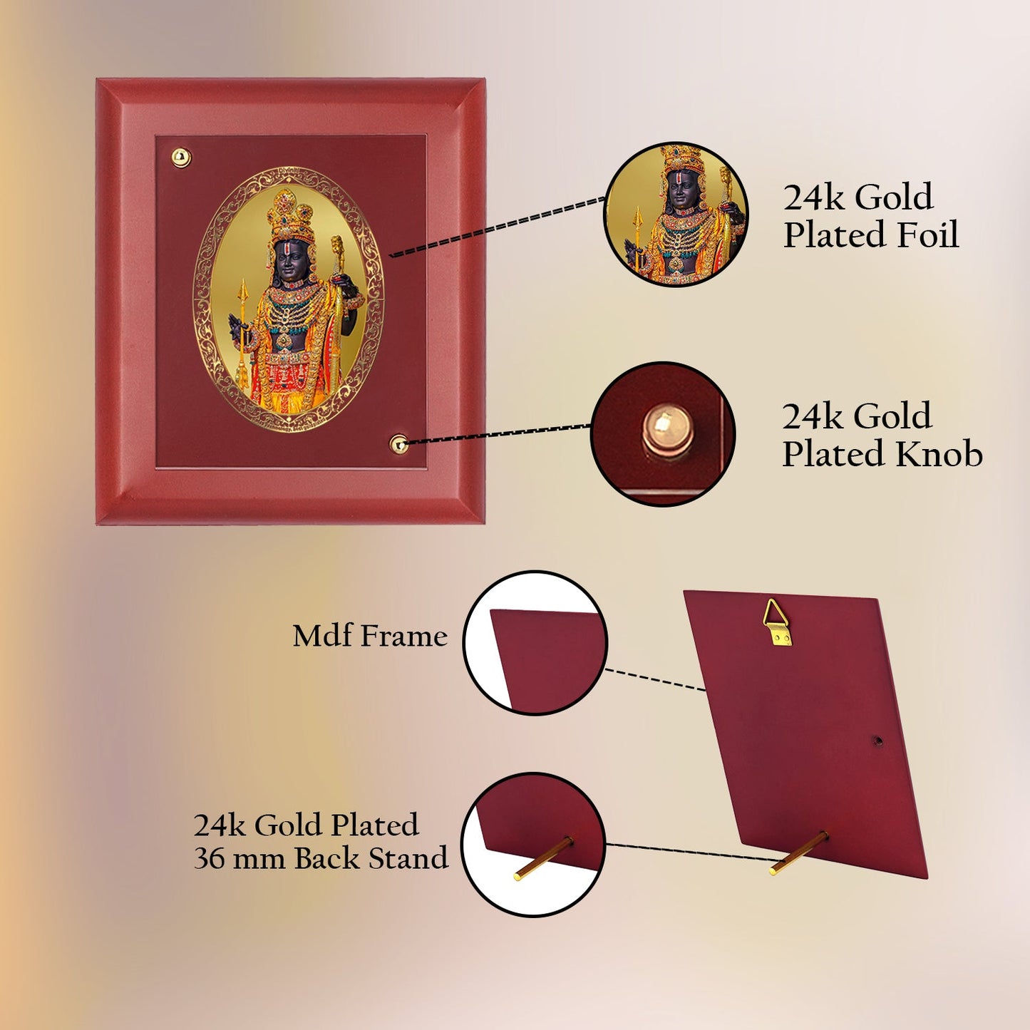 Diviniti 24K Gold Plated Ram Lalla Photo Frame For Home Decor, Table Top, Wall Hanging, Puja Room & Gift (14.7 CM X 17.1 CM)