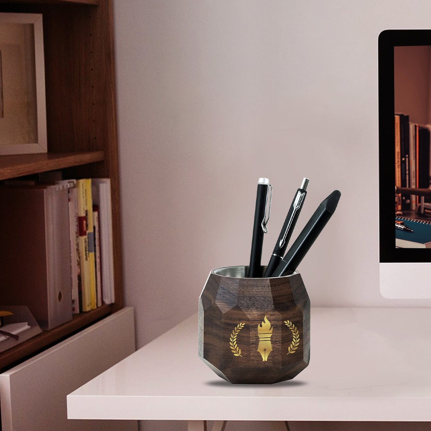 Customized Wooden Pen Holder With Gold Colored Design For Corporate Gifting