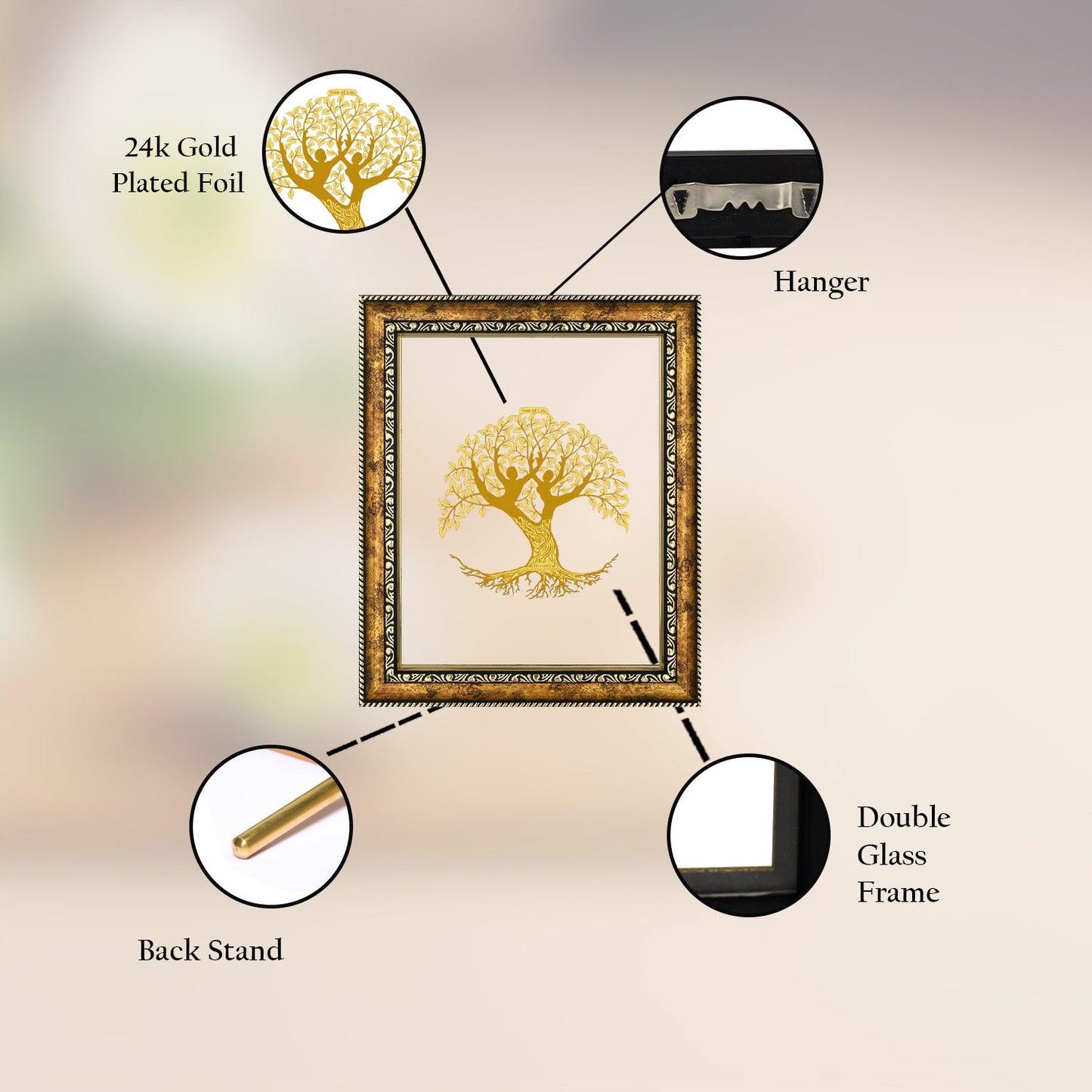 Diviniti 24K Gold Plated Tree of Life Photo Frame For Home Decor & Wall Hanging (32.5 CM X 25.5 CM)