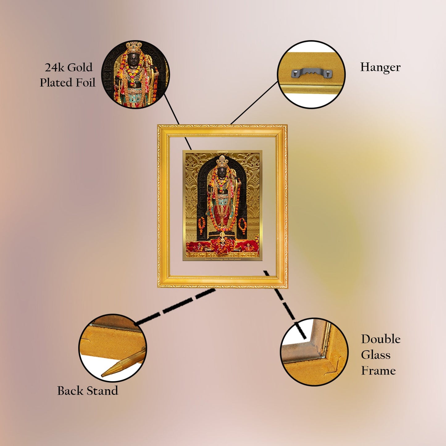 Diviniti 24K Gold Plated Ram Lalla Photo Frame For Home Decor, Table Top, Wall Hanging, Puja Room & Gift (20.8 CM X 16.7 CM)