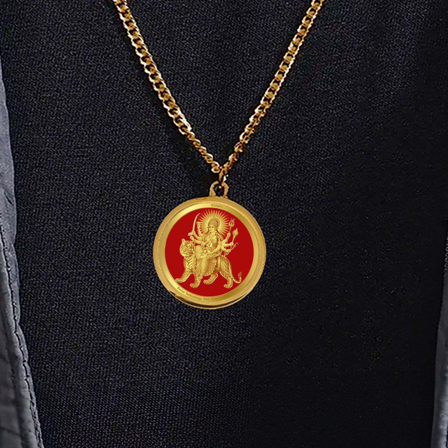 Diviniti 24K Gold Plated Durga Ji & Mata Ka Darbar 22MM Double Sided Pendant For Men, Women & Kids