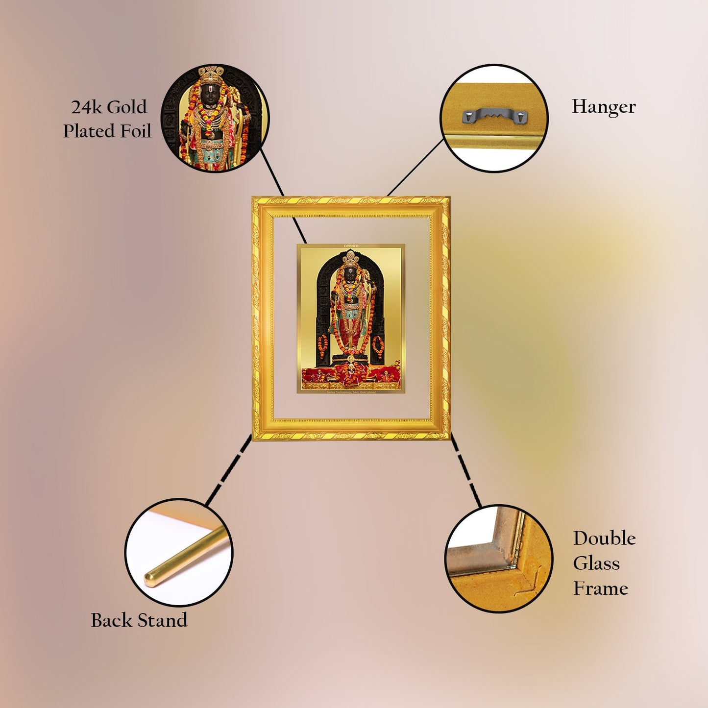 Diviniti 24K Gold Plated Ram Lalla Photo Frame For Home Decor, Table Top, Wall Hanging, Puja Room & Gift (20.8 CM X 16.7 CM)