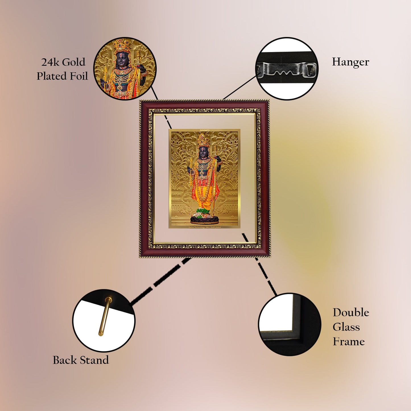 Diviniti 24K Gold Plated Ram Lalla Photo Frame For Home Decor, Table, Wall Hanging Decor, Puja Room & Gift (28 CM X 23 CM)