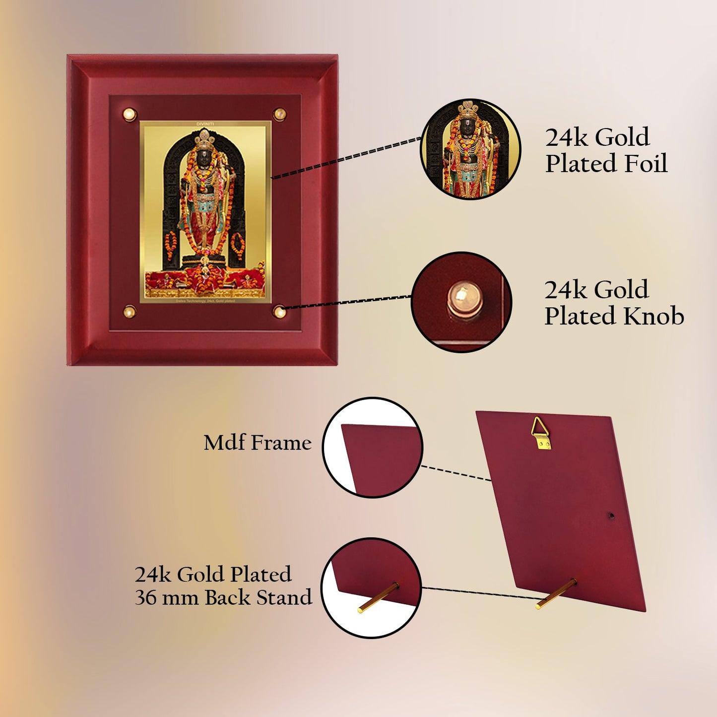 Diviniti 24K Gold Plated Ram Lalla Photo Frame For Home Decor, Wall Decor, Table Top, Puja Room & Gift (20 CM X 25 CM)