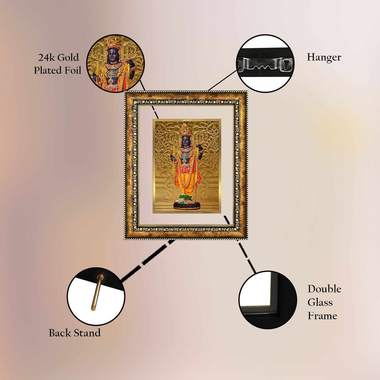 Diviniti 24K Gold Plated Ram Lalla Photo Frame For Home Decor, Wall Decor, Table Top, Puja Room & Gift (32.5 CM X 25.5 CM)