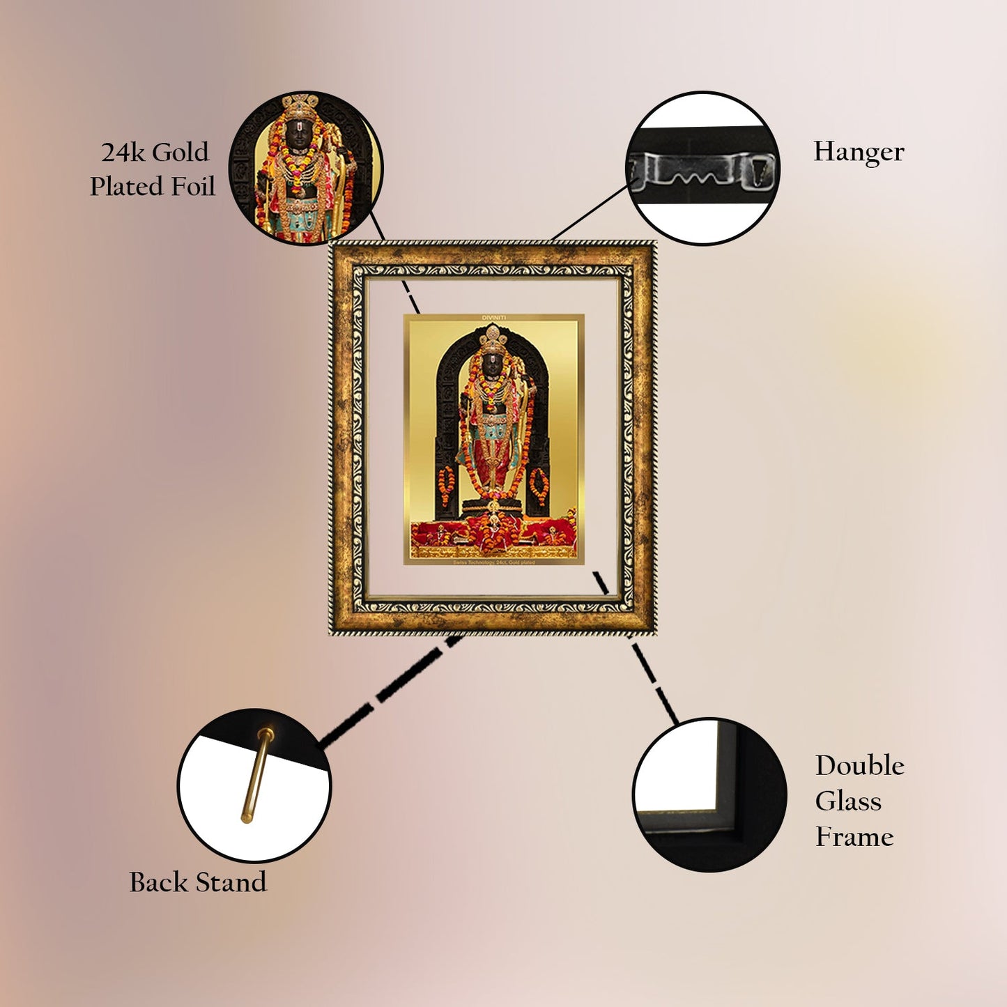 Diviniti 24K Gold Plated Ram Lalla Photo Frame For Home Decor, Wall Hanging, Table Top, Puja Room & Gift (28 CM X 23 CM)