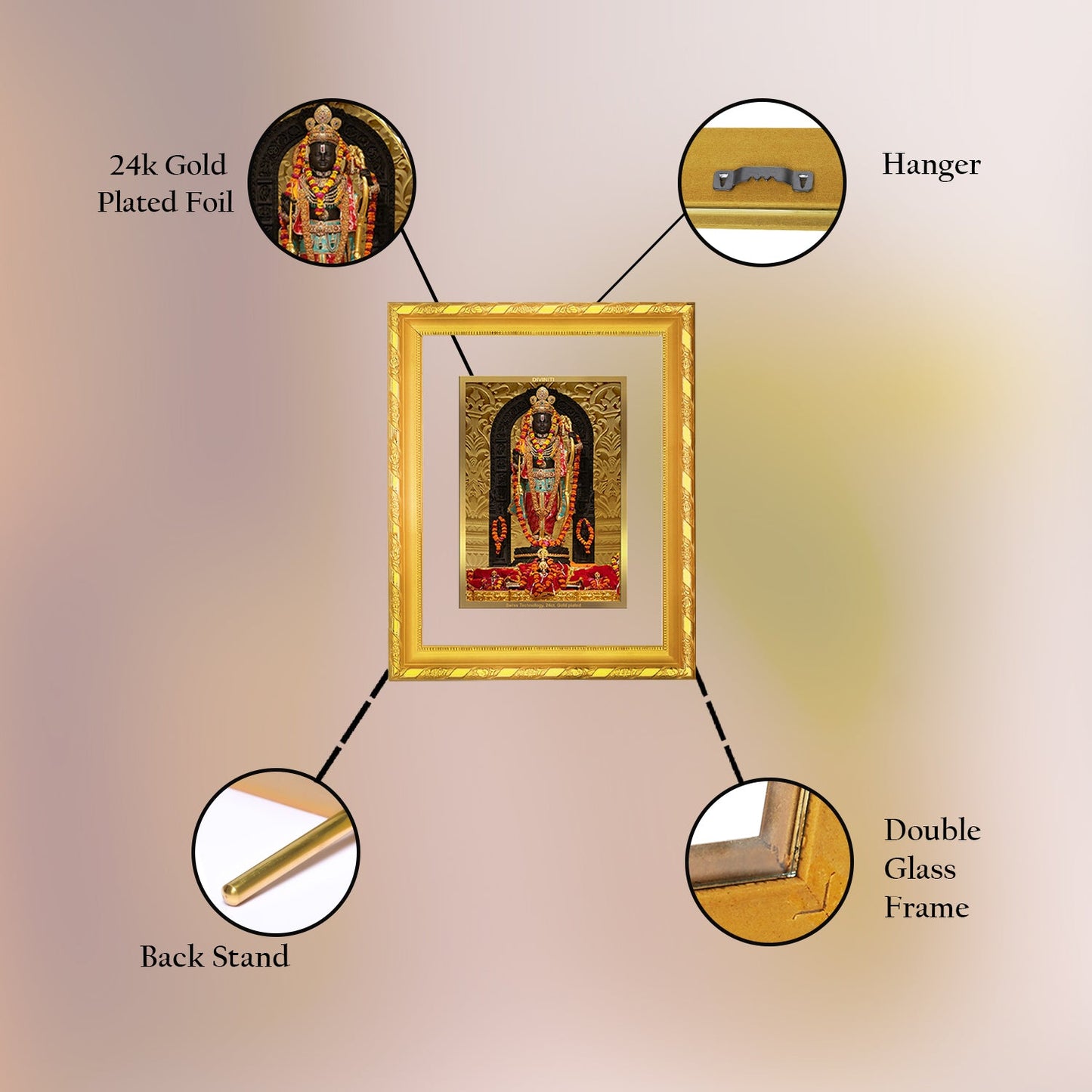 Diviniti 24K Gold Plated Ram Lalla Photo Frame For Home Decor, Table Top, Wall Hanging, Puja Room & Gift (20.8 CM X 16.7 CM)