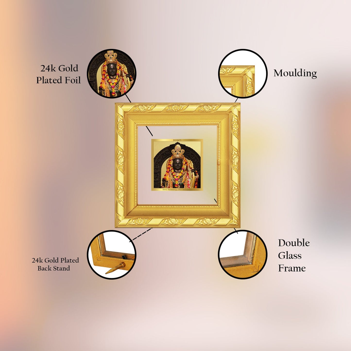 Diviniti 24K Gold Plated Ram Lalla Photo Frame For Home Decor, Table Top, Worship & Gift (10 CM X 10 CM)
