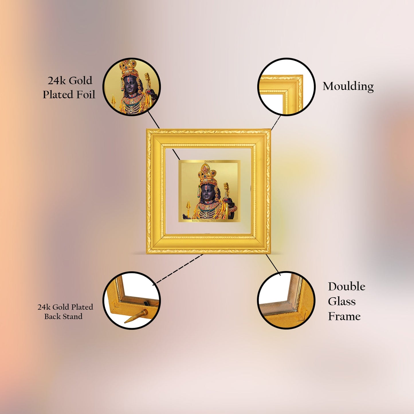Diviniti 24K Gold Plated Ram Lalla Photo Frame For Home Decor Showpiece, Table Decor, Puja Room & Gift (10 CM X 10 CM)