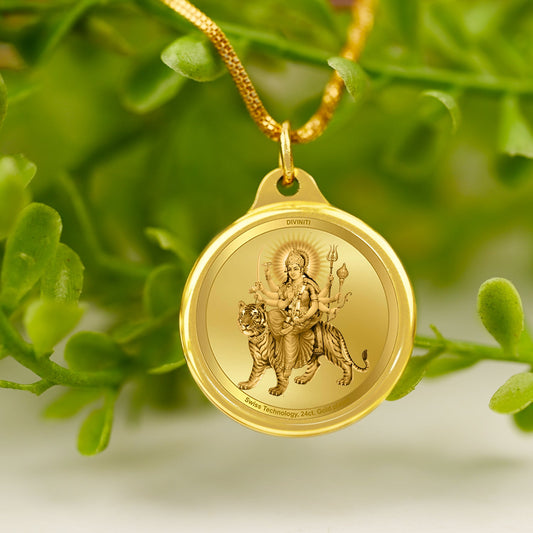 Diviniti 24K Gold Plated Durga Ji & Mata Ka Darbar 22MM Double Sided Pendant For Men, Women & Kids