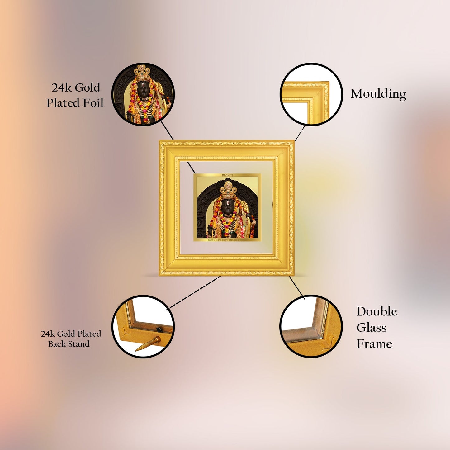 Diviniti 24K Gold Plated Ram Lalla Photo Frame For Home Decor, Office Table Decor, Puja Room & Gift (10 CM X 10 CM)