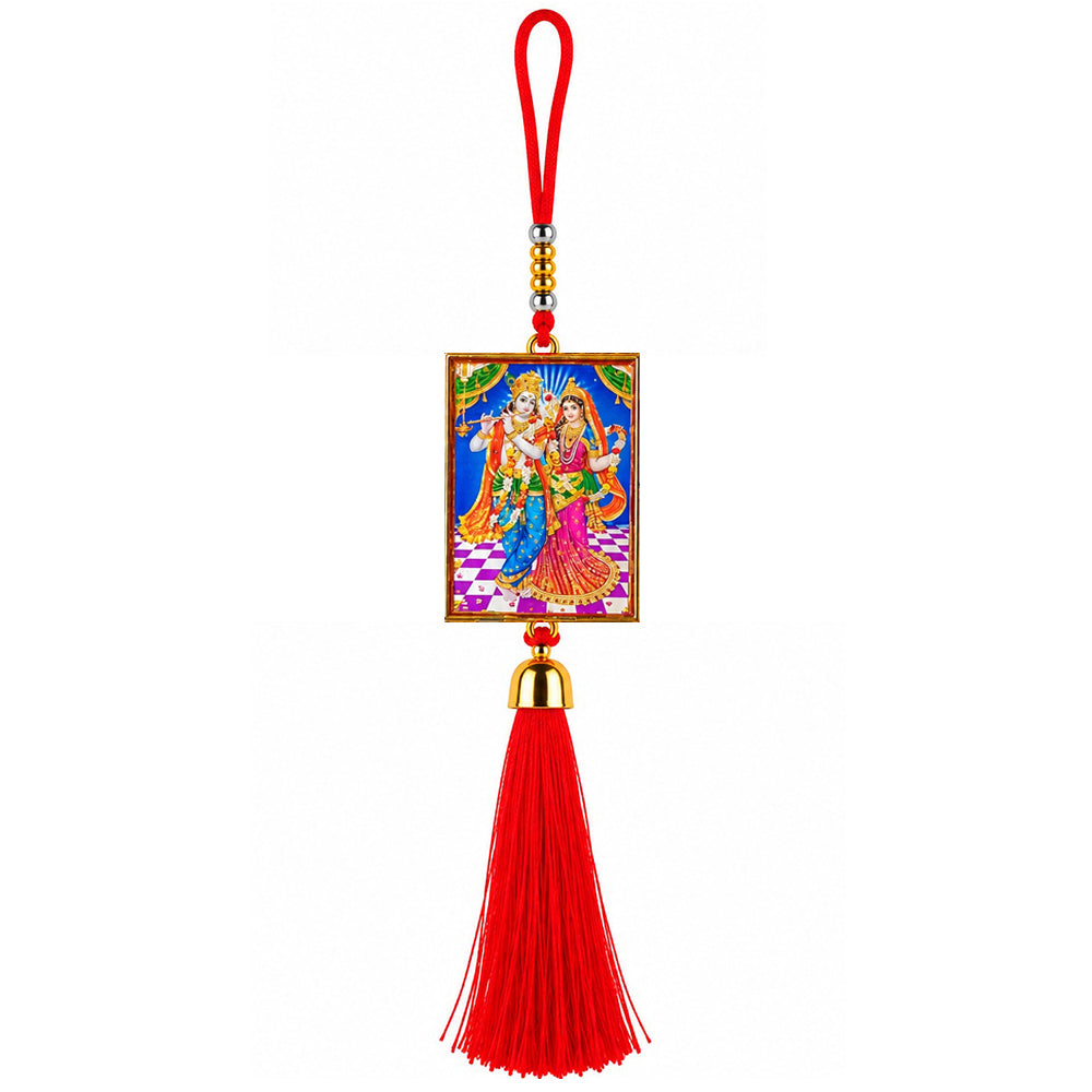Radha Krishna Hanging Dangler with Red Tassel | Spiritual Car & Home Hanging | Devotional Gift