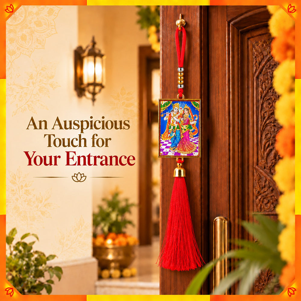 Radha Krishna Hanging Dangler with Red Tassel | Spiritual Car & Home Hanging | Devotional Gift