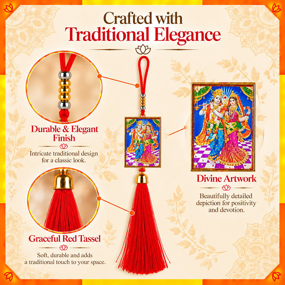 Radha Krishna Hanging Dangler with Red Tassel | Spiritual Car & Home Hanging | Devotional Gift