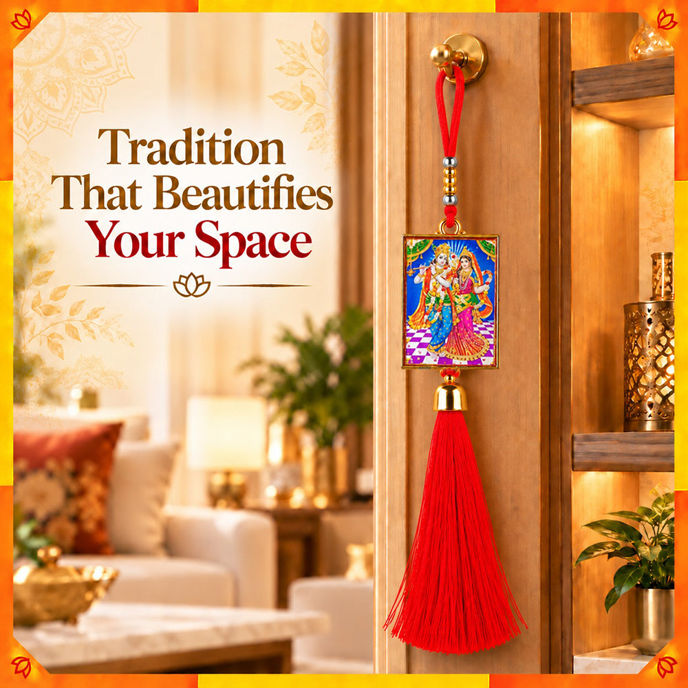 Radha Krishna Hanging Dangler with Red Tassel | Spiritual Car & Home Hanging | Devotional Gift