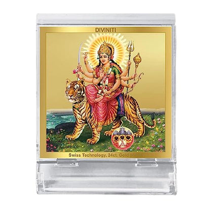 Diviniti 24K Gold Plated Durga Ji Frame For Car Dashboard, Home Decor, Puja, Gift (5.8 x 4.8 CM)