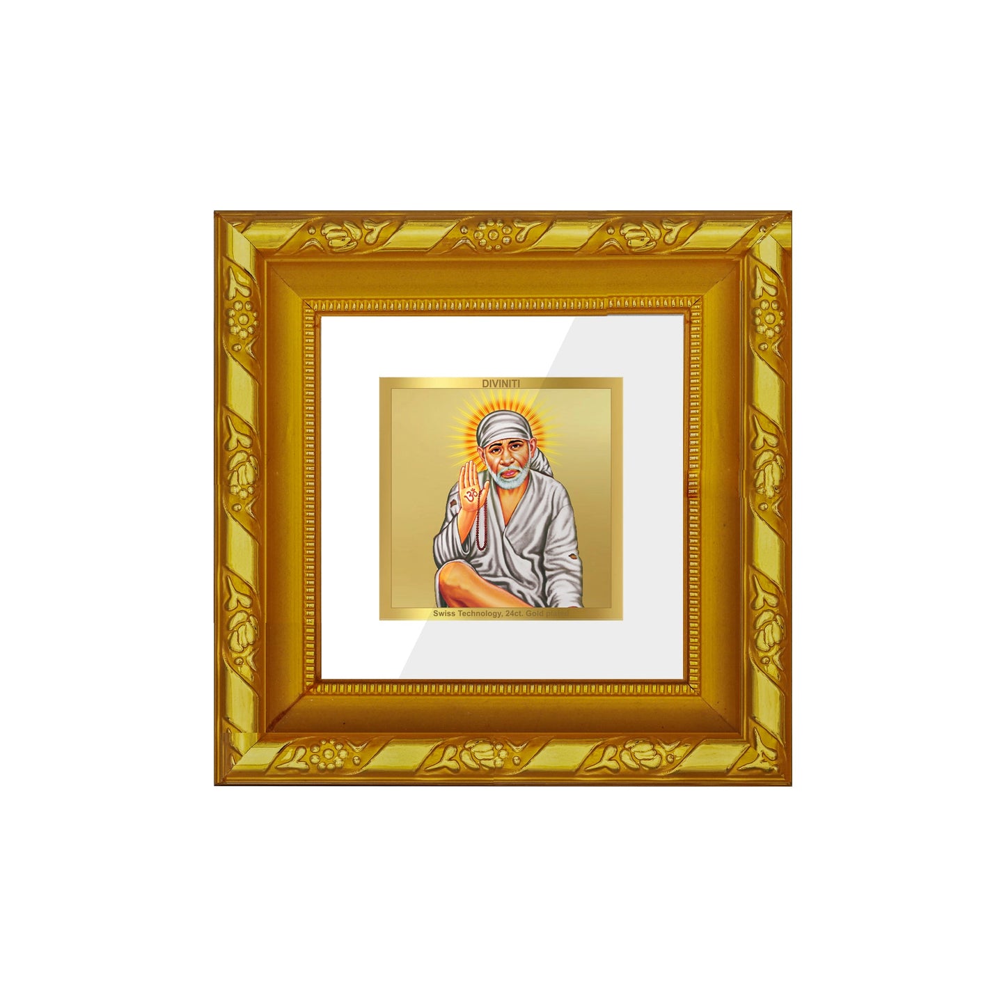 DIVINITI 24K Gold Plated Sai Baba Photo Frame For Home Decor, Table, Prayer, Festive Gift (10.8 X 10.8 CM)