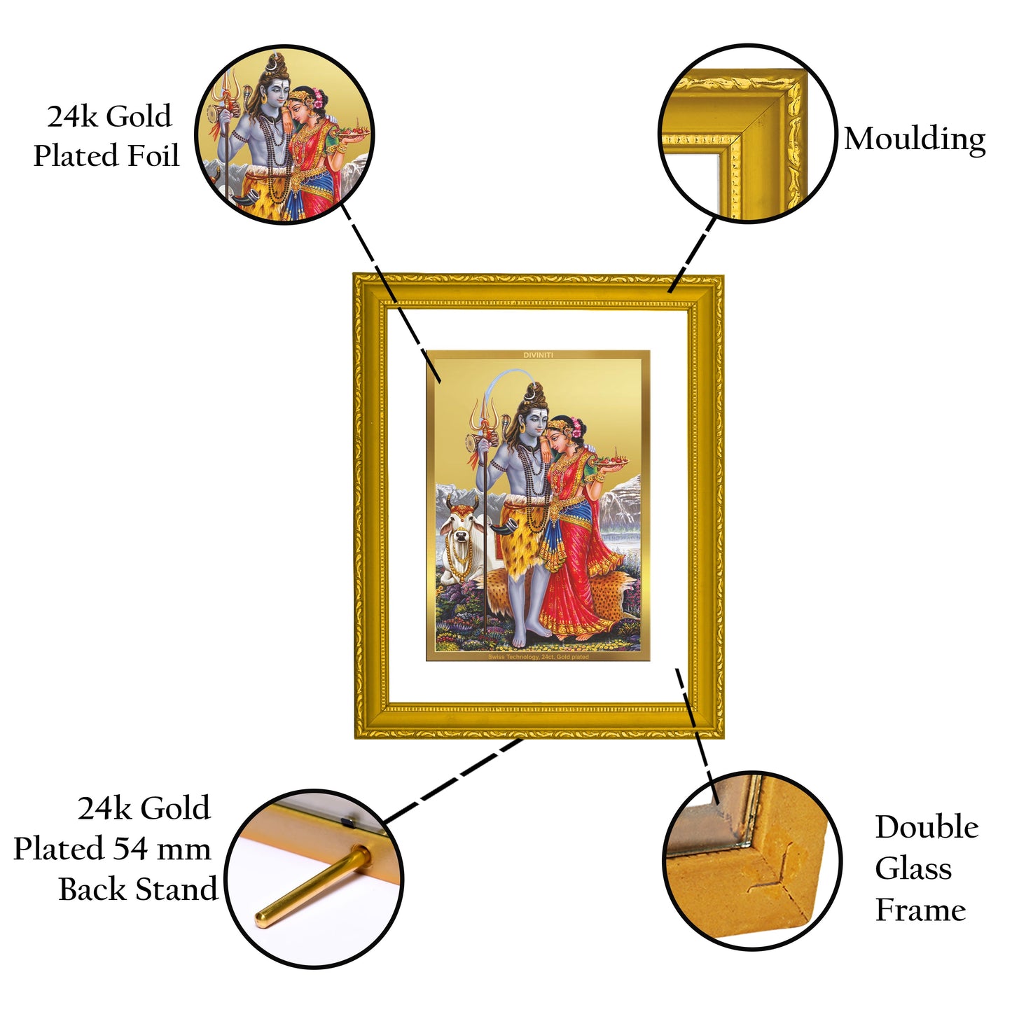 Diviniti 24K Gold Plated Shiva Parvati Photo Frame For Home Decor, Wall Decor, Table, Gift (20.8 x 16.7 CM)