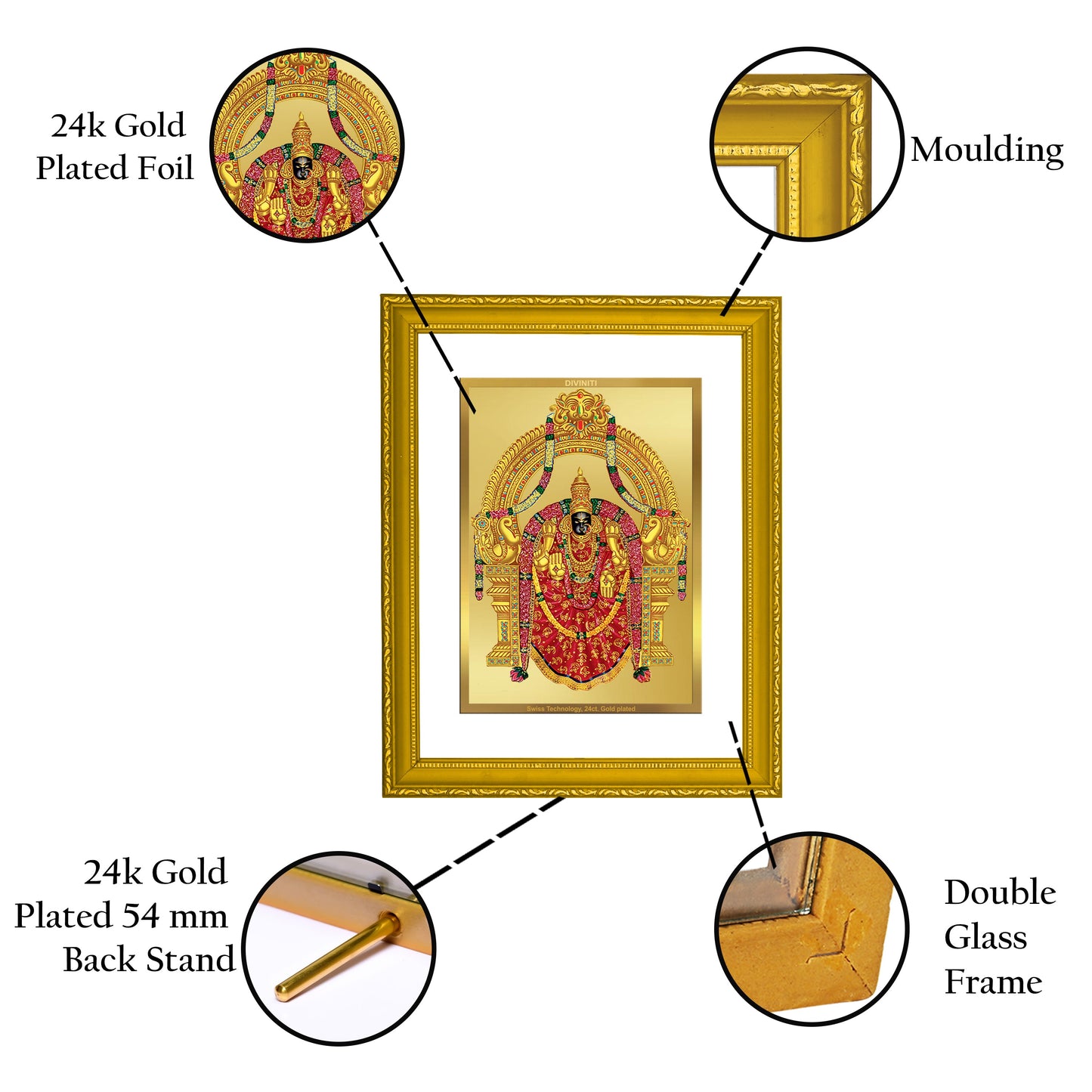 Diviniti 24K Gold Plated Goddess Padmavathi Photo Frame For Home Decor, Wall Hanging, Table, Gift (20.8 x 16.7 CM)
