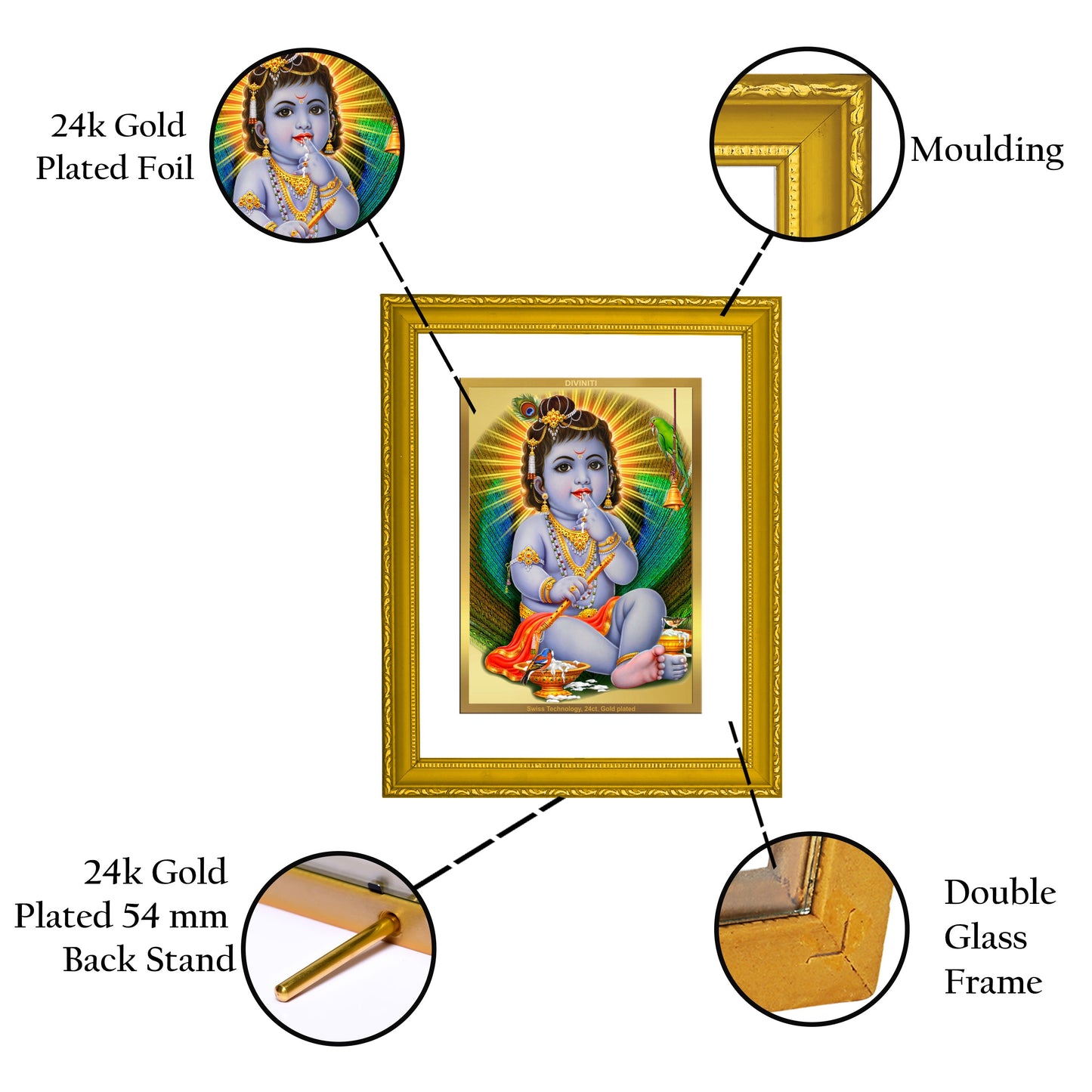 DIVINITI Bal Gopal Gold Plated Wall Photo Frame| DG Frame 101 Size 2 Wall Photo Frame and 24K Gold Plated Foil| Religious Photo Frame Idol For Prayer, Gifts Items (20.8CMX16.7CM)