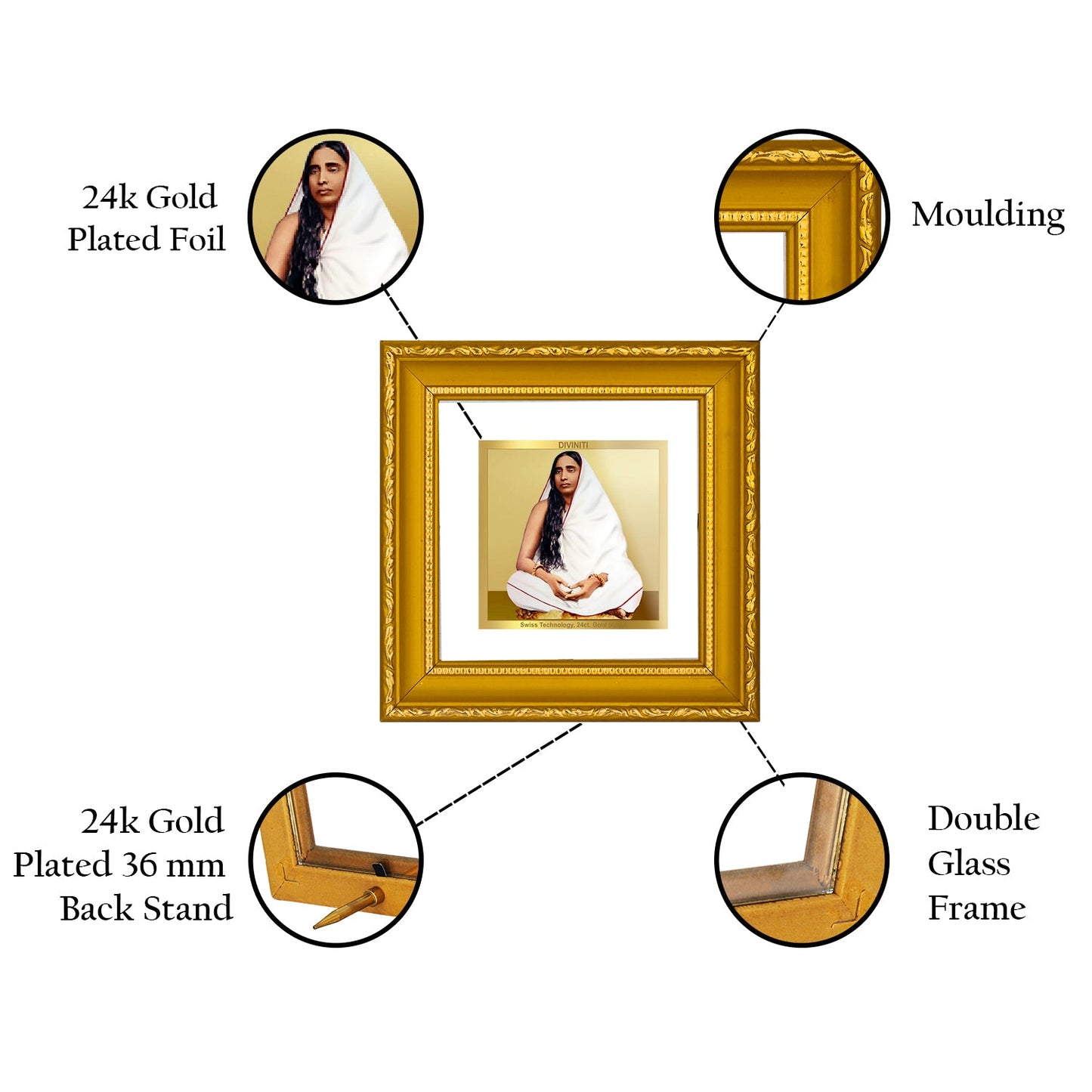 DIVINITI 24K Gold Plated Maa Sarda Photo Frame For Festive Gift, Table Decor (10 X 10 CM)