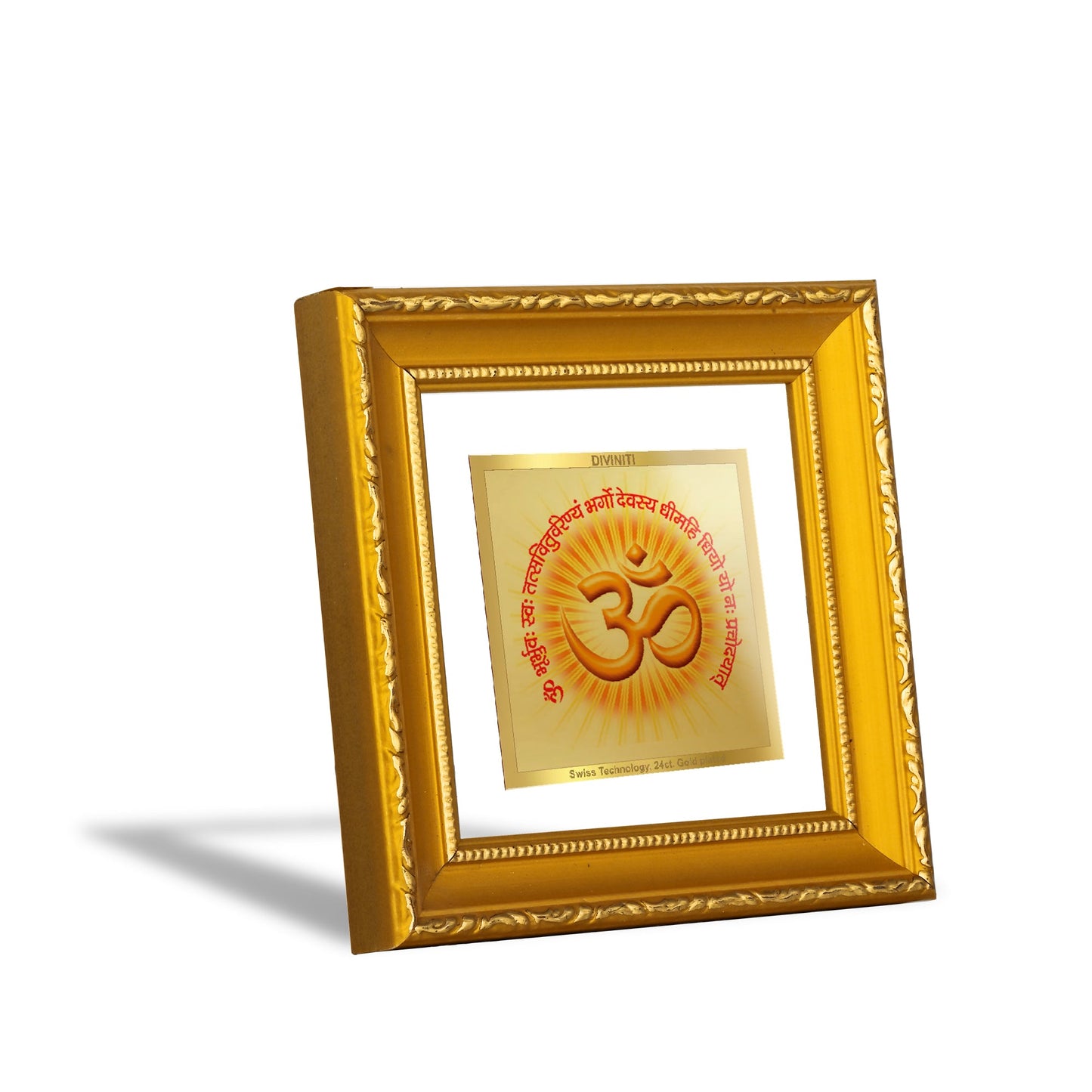 DIVINITI 24K Gold Plated Om Gayatri Mantra Photo Frame For Home Decor, Table Decor (10 X 10 CM)