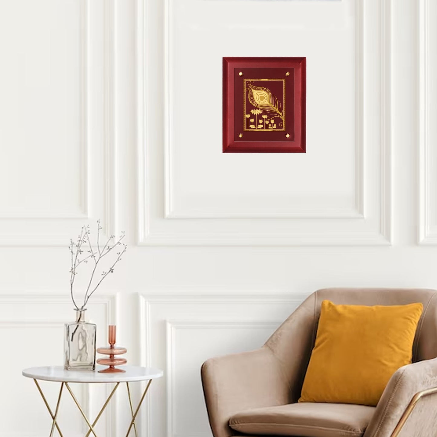 Diviniti 24K Gold Plated PEACOCK FEATHER-2 Wall Hanging for Home| MDF Size 2.5 Photo Frame For Wall Decoration| Wall Hanging Photo Frame For Home Decor, Living Room, Hall, Guest Room