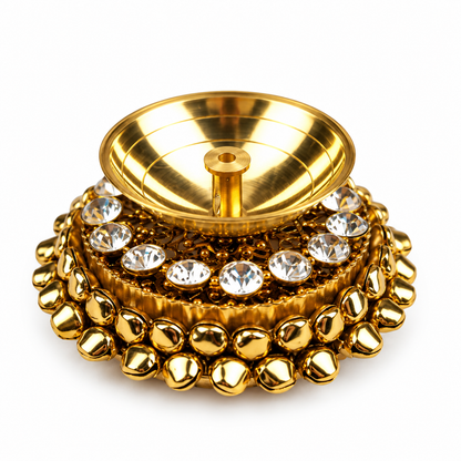 Gold-Tone Decorative Diya with Crystal Embellishments | Puja & Home Décor