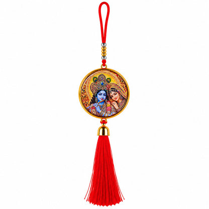 Radha Krishna Hanging Dangler with Red Tassel | Spiritual Car & Home Hanging | Devotional Gift