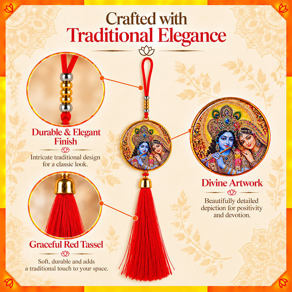 Radha Krishna Hanging Dangler with Red Tassel | Spiritual Car & Home Hanging | Devotional Gift