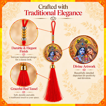 Radha Krishna Hanging Dangler with Red Tassel | Spiritual Car & Home Hanging | Devotional Gift