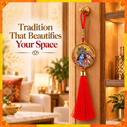 Radha Krishna Hanging Dangler with Red Tassel | Spiritual Car & Home Hanging | Devotional Gift