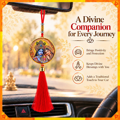 Radha Krishna Hanging Dangler with Red Tassel | Spiritual Car & Home Hanging | Devotional Gift