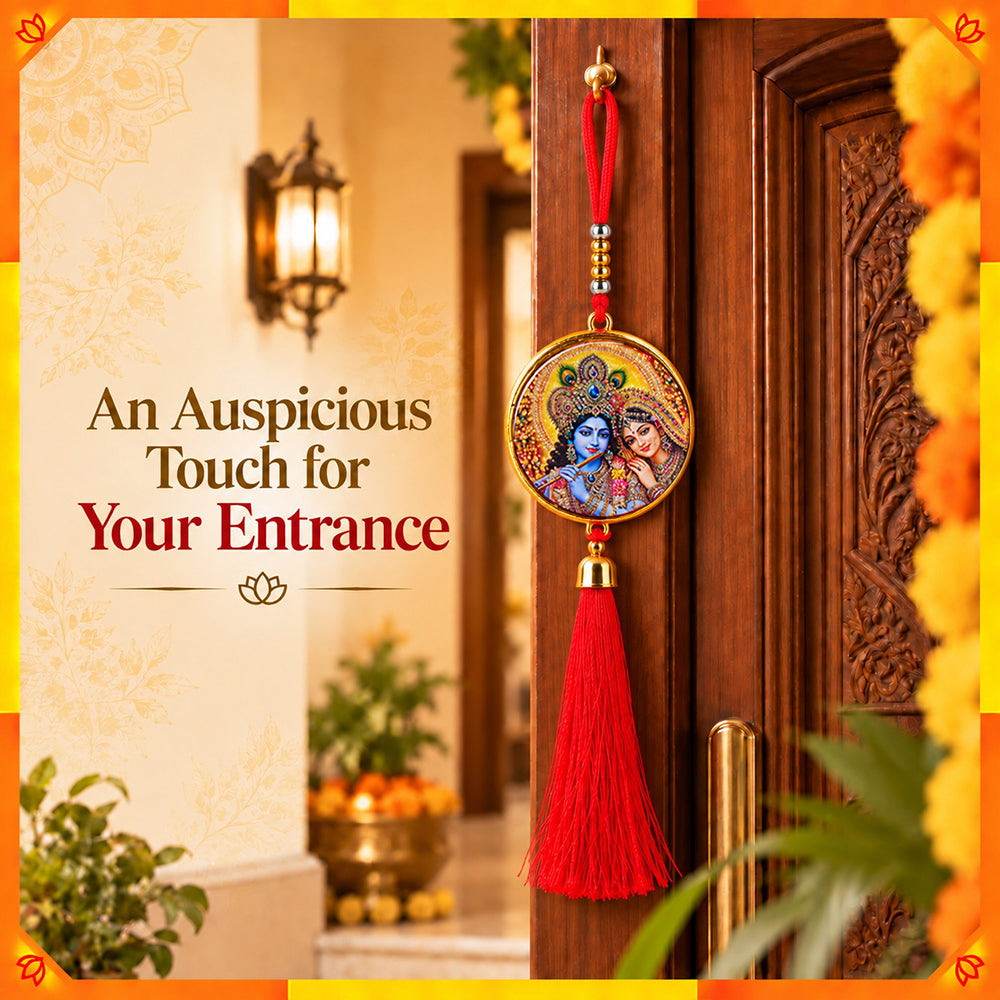 Radha Krishna Hanging Dangler with Red Tassel | Spiritual Car & Home Hanging | Devotional Gift