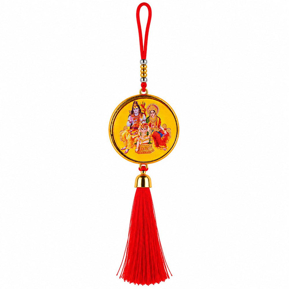 Shiv Parvati Ganesha Hanging Dangler with Red Tassel | Spiritual Car & Home Hanging | Devotional Gift