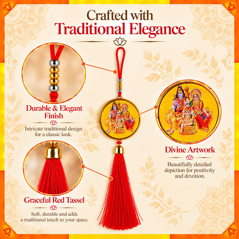 Shiv Parvati Ganesha Hanging Dangler with Red Tassel | Spiritual Car & Home Hanging | Devotional Gift