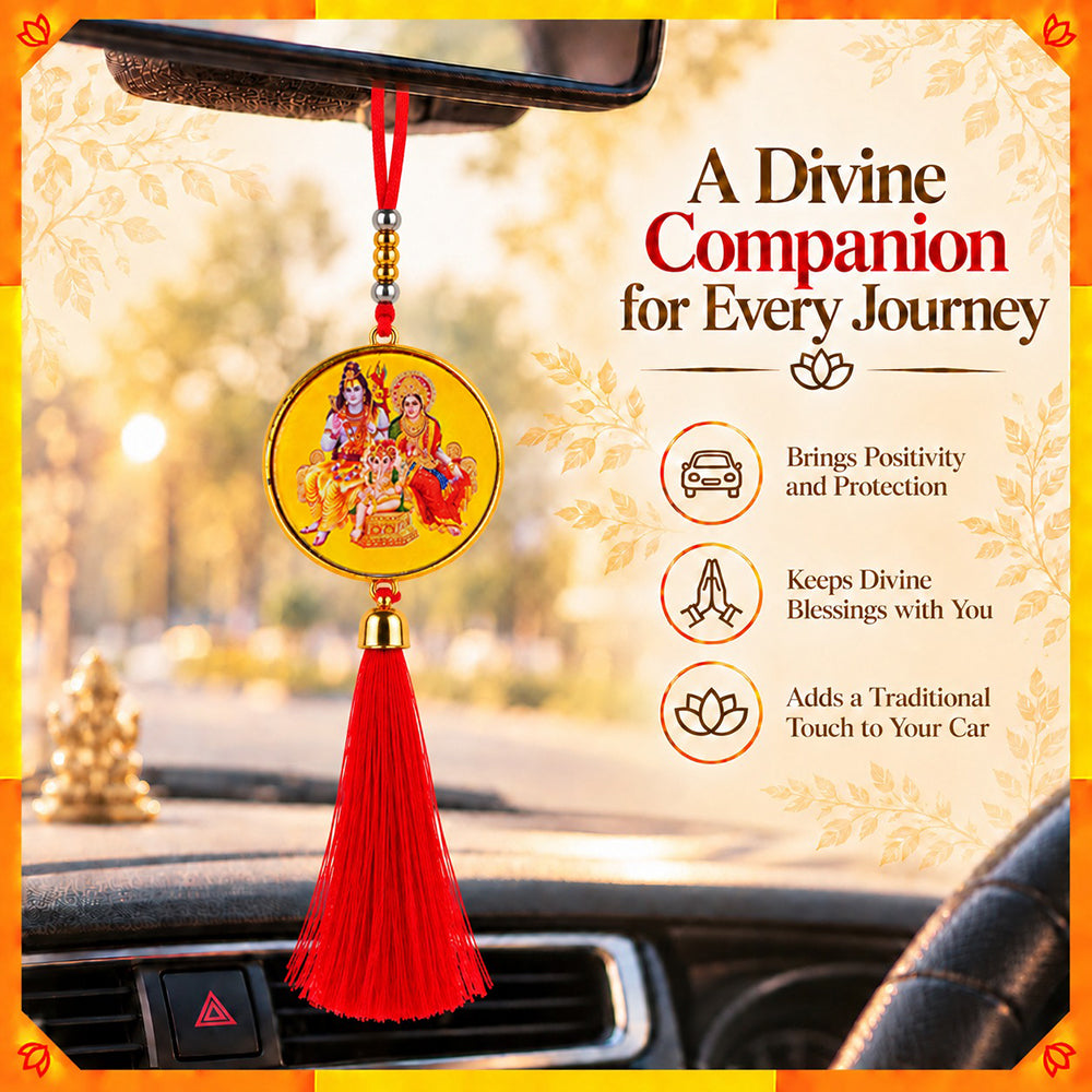 Shiv Parvati Ganesha Hanging Dangler with Red Tassel | Spiritual Car & Home Hanging | Devotional Gift