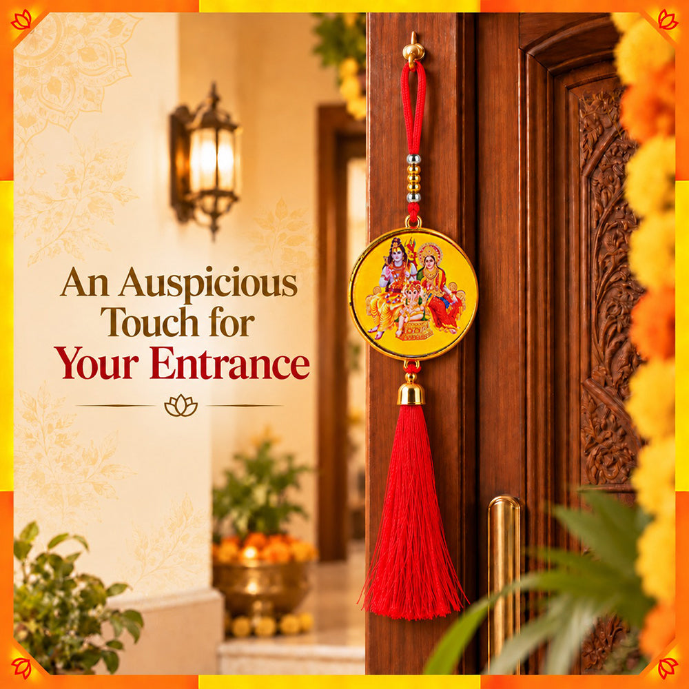 Shiv Parvati Ganesha Hanging Dangler with Red Tassel | Spiritual Car & Home Hanging | Devotional Gift