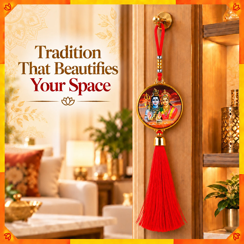 Shiv Parvati Hanging Dangler with Red Tassel | Spiritual Car & Home Hanging | Devotional Gift