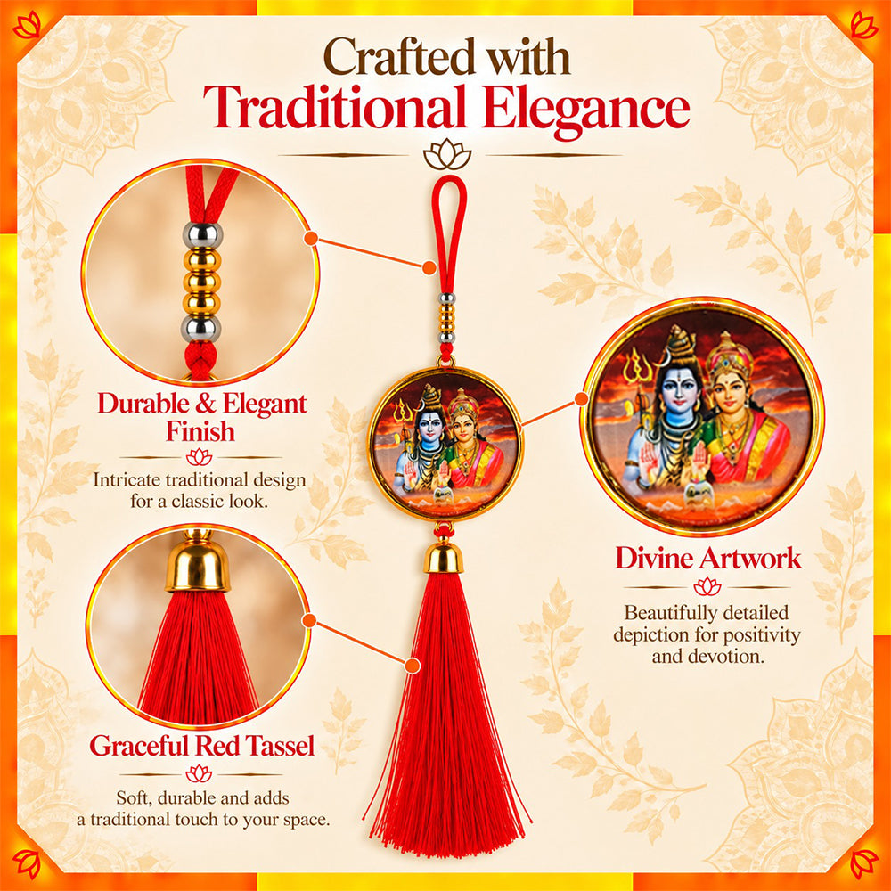 Shiv Parvati Hanging Dangler with Red Tassel | Spiritual Car & Home Hanging | Devotional Gift
