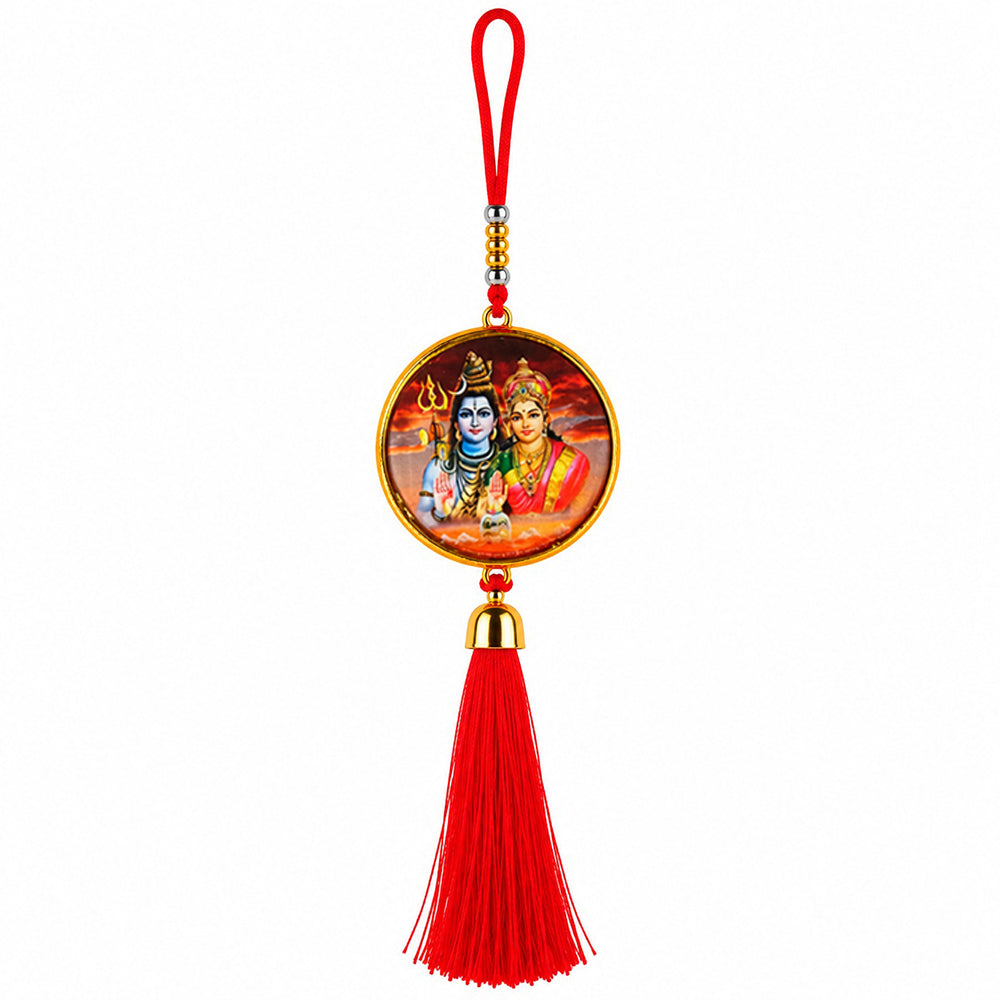 Shiv Parvati Hanging Dangler with Red Tassel | Spiritual Car & Home Hanging | Devotional Gift