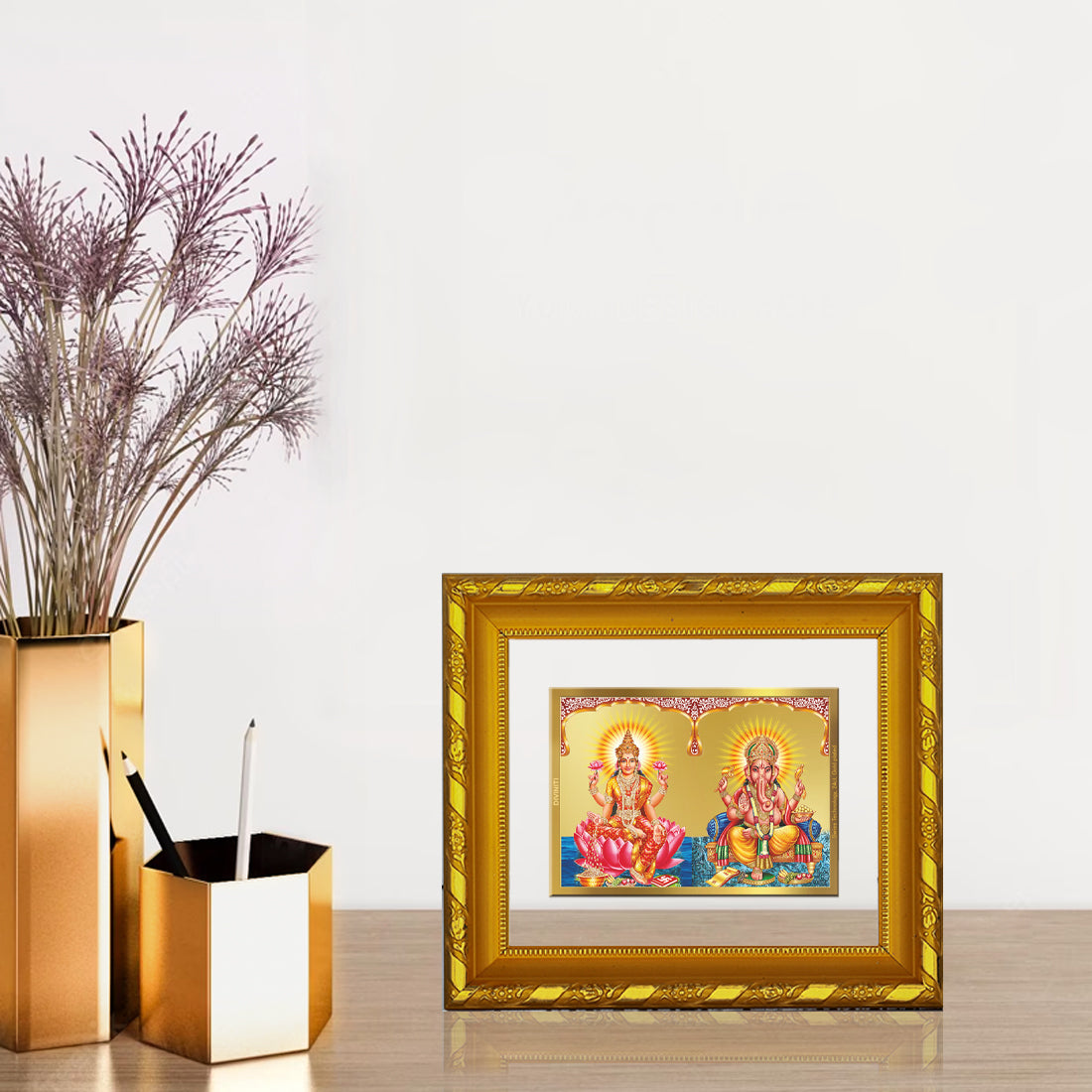 DIVINITI 24K Gold Plated Lakshmi Ganesha Photo Frame For Home Decor, TableTop, Puja Room (15.0 X 13.0 CM)
