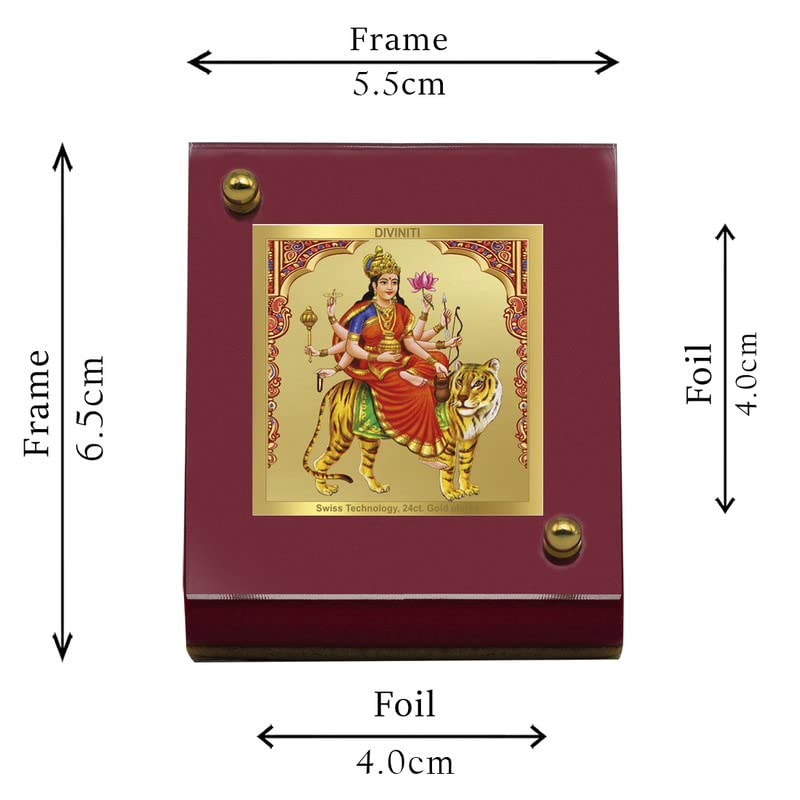 Diviniti 24K Gold Plated Chandraghanta Mata Frame For Car Dashboard, Puja, Festival Gift (5.5 x 6.5 CM)