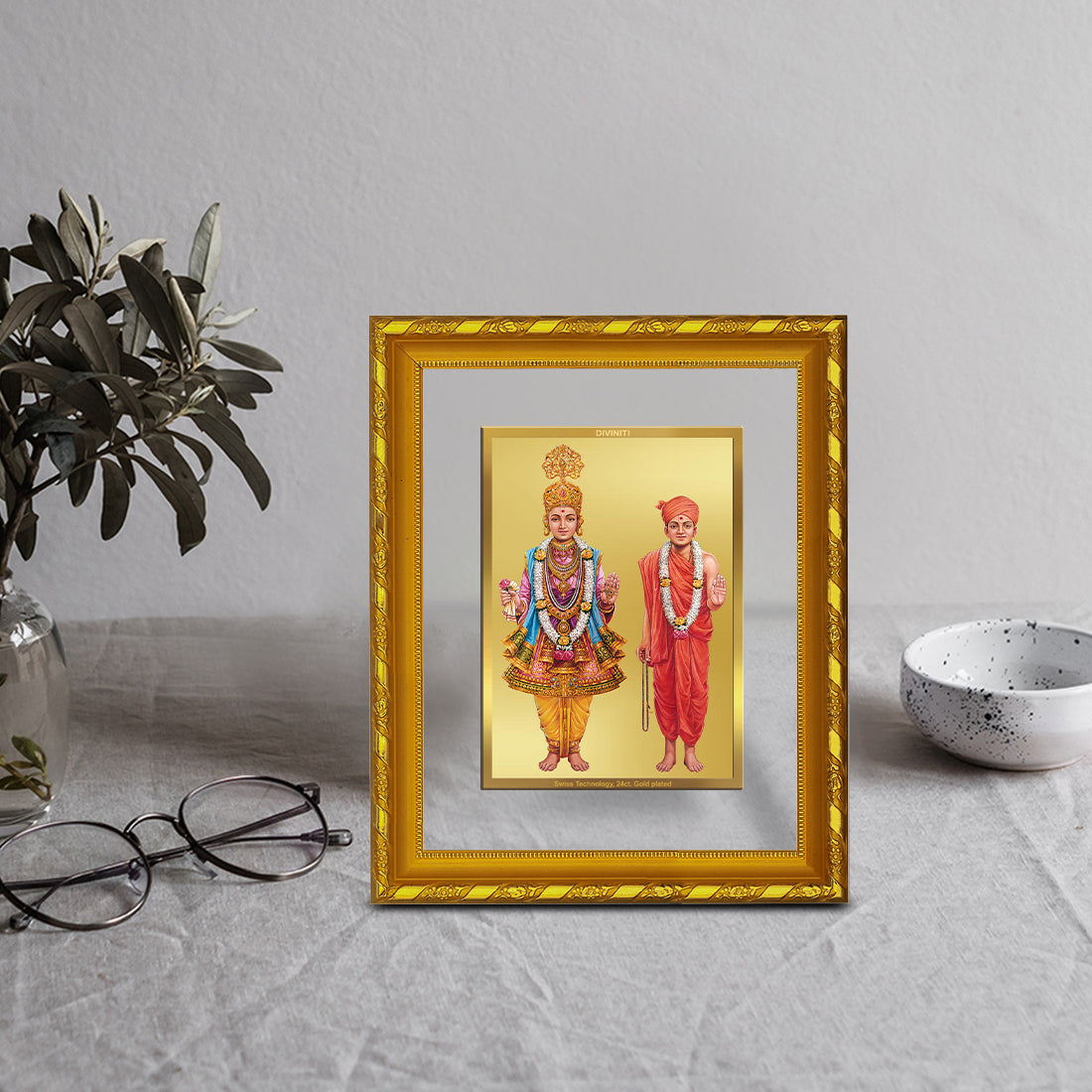 DIVINITI 24K Gold Plated Swaminarayan Photo Frame For Home Decor, TableTop, Luxury Gift (21.5 X 17.5 CM)