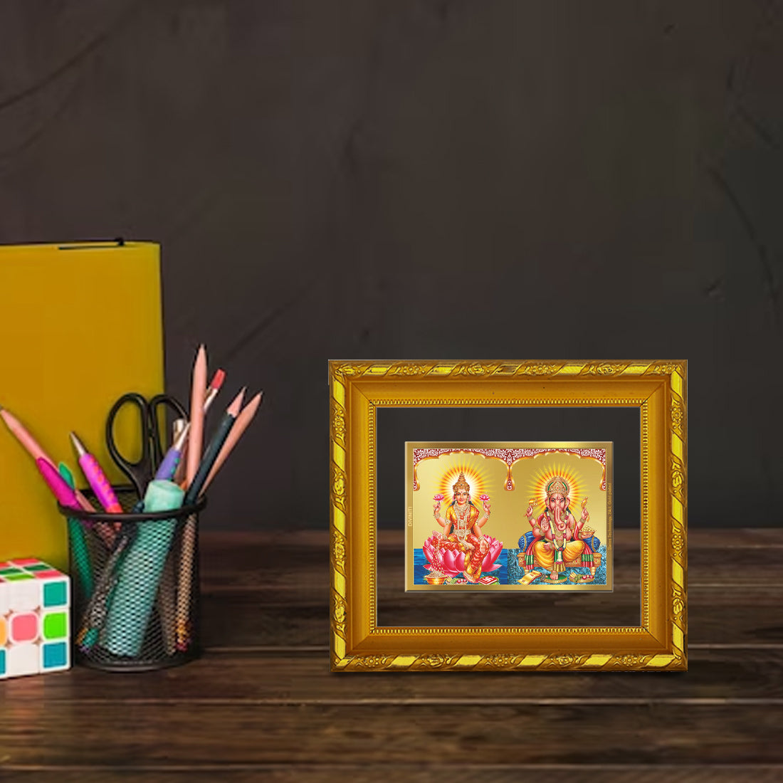 DIVINITI 24K Gold Plated Lakshmi Ganesha Photo Frame For Home Decor, TableTop, Puja Room (15.0 X 13.0 CM)