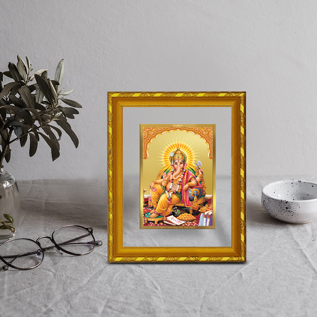 DIVINITI 24K Gold Plated Lord Ganesha Wall Photo Frame For Home Decor, Puja, Success (21.5 X 17.5 CM)