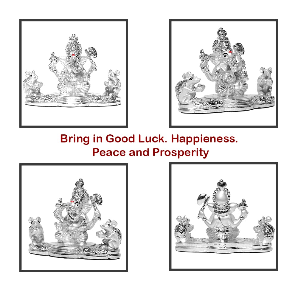 DIVINITI 999 Silver Plated Ganesha and Mooshak Idol For Home Decor, Tabletop, Puja Room (8.7 X 11.6 CM)