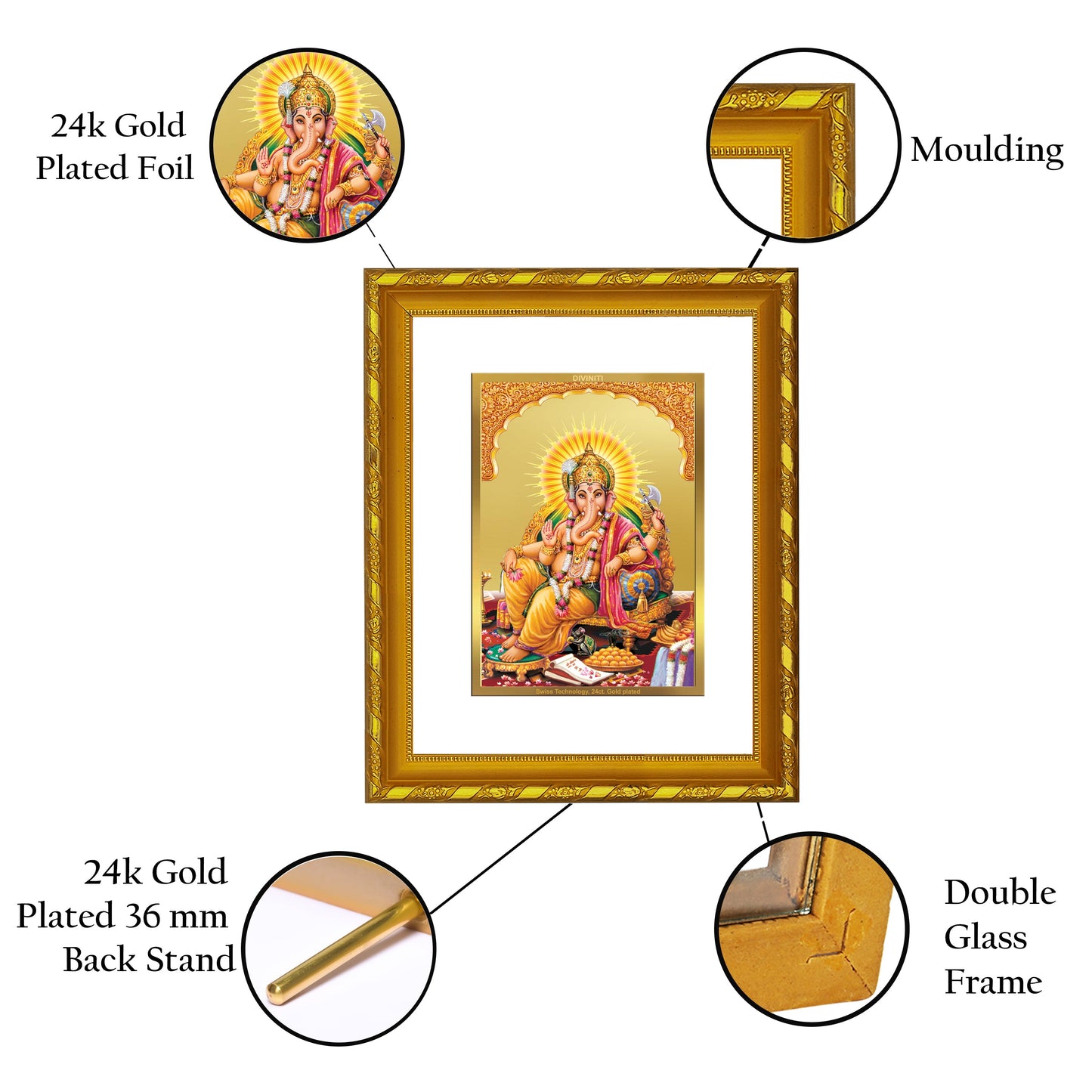 DIVINITI 24K Gold Plated Lord Ganesha Wall Photo Frame For Home Decor, Puja, Success (21.5 X 17.5 CM)