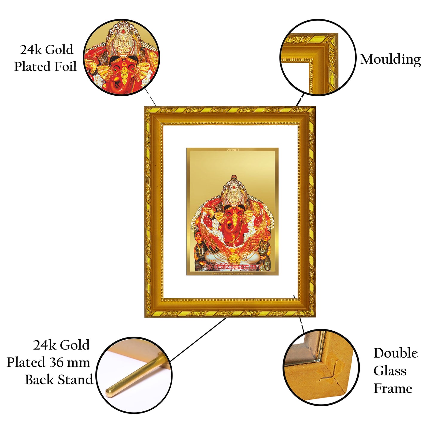 DIVINITI 24K Gold Plated Siddhivinayak Photo Frame For Home Decor, Worship, Festival (21.5 X 17.5 CM)